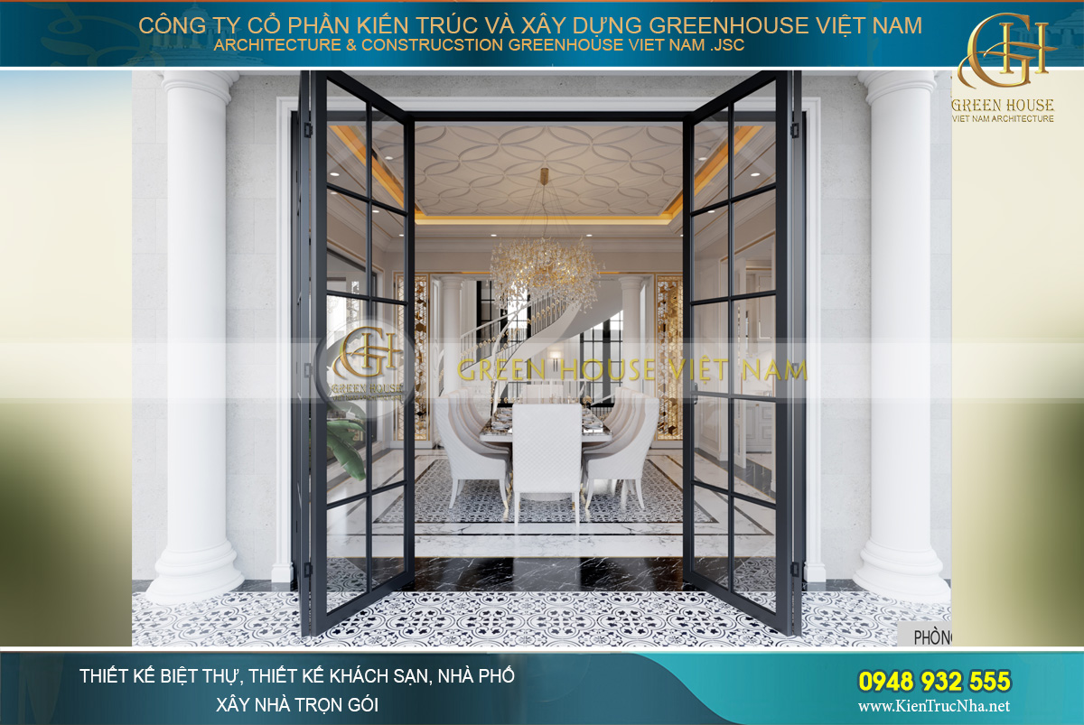 Phòng ăn thông ra phía ngoài tiểu sảnh giúp gia chủ ngắm nhìn khu cảnh thiên nhiên tươi đẹp bên ngoài