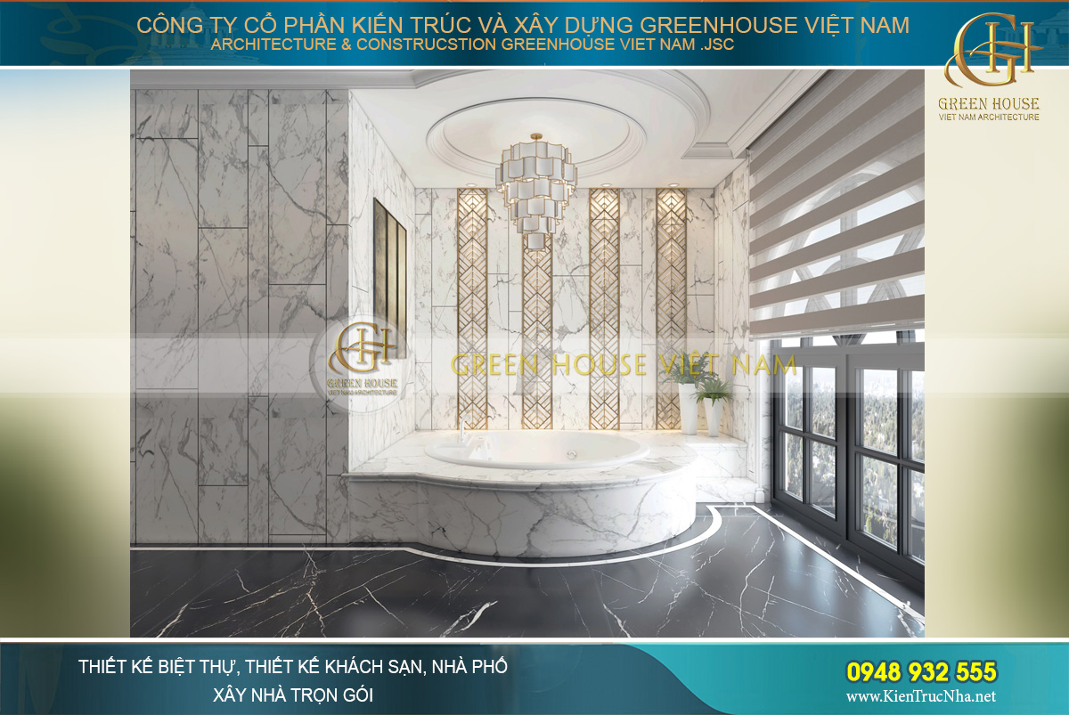 Bồn tắm massage với gạch ốp vân đá cùng khung cảnh thiên nhiên nhìn từ trên cao xuống