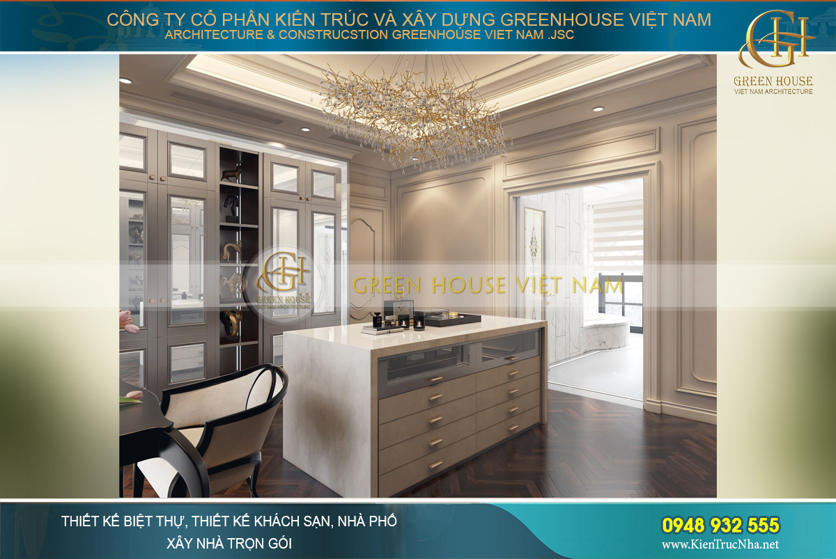 Phòng thay đồ bên cạnh phòng tắm với tủ đựng đồ và các ngăn tủ cất chứa trang phục của chủ nhân
