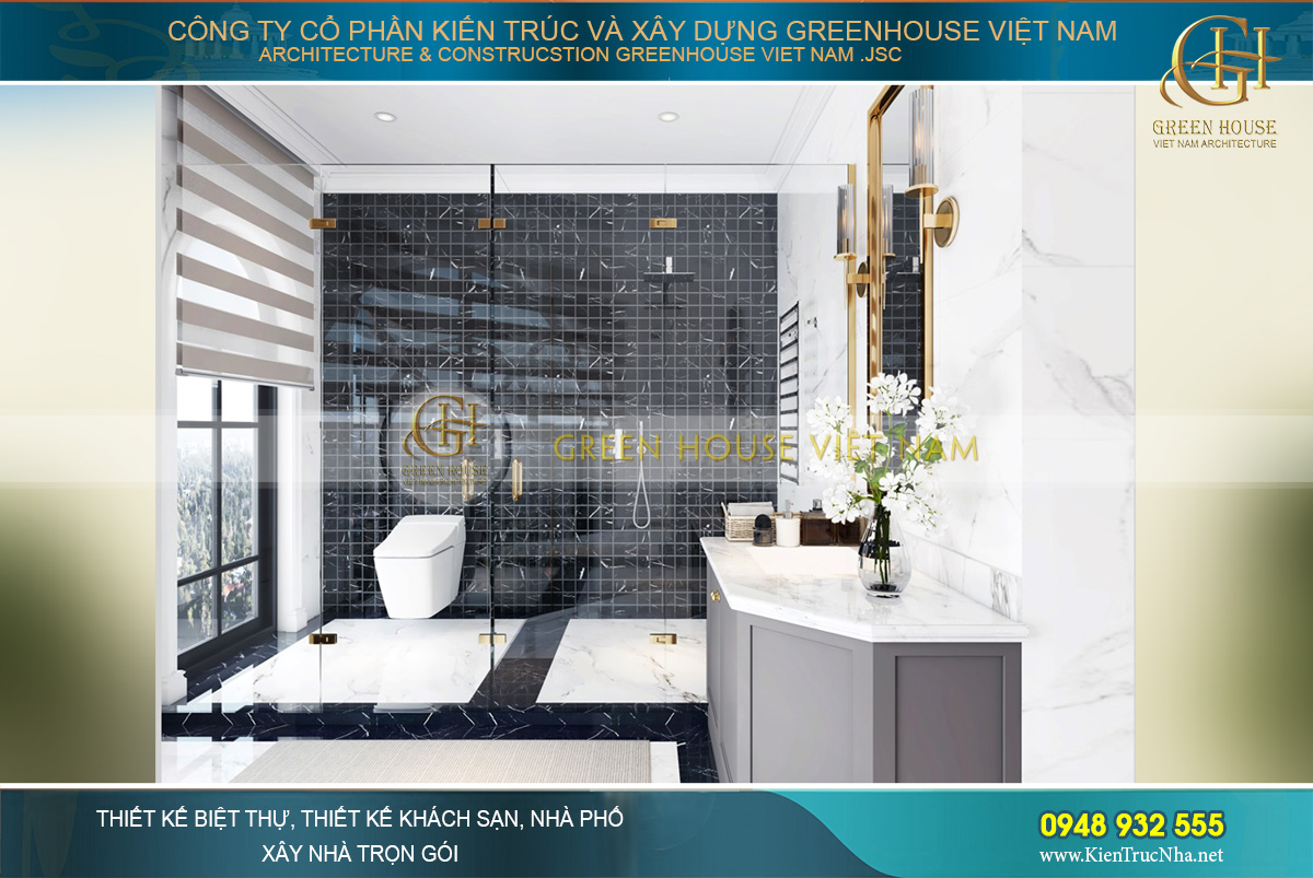 Phòng tắm được lắp cửa kính trong suốt cùng bức tường ốp gạch đen nổi bật