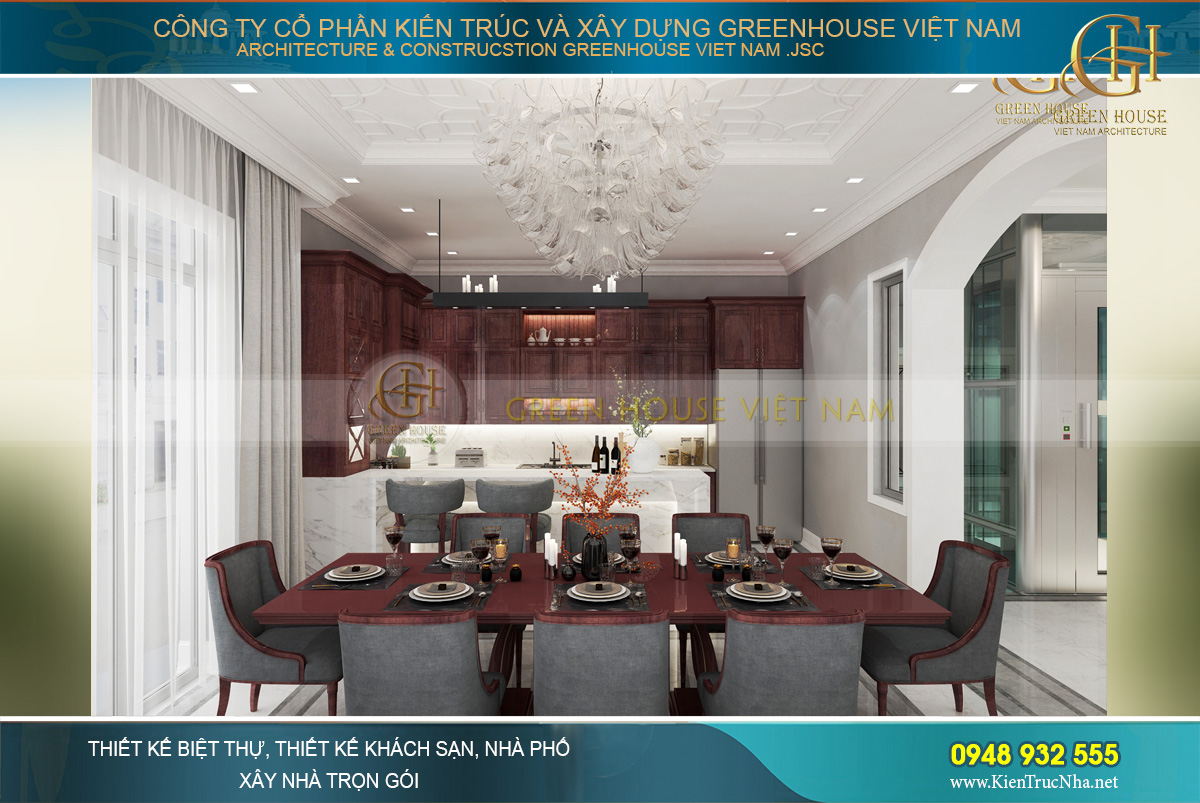 Bộ bàn ăn 8 ghế với sự kết hợp độc đáo của màu gỗ đủ và vải bọc ghế màu xám tro đậm