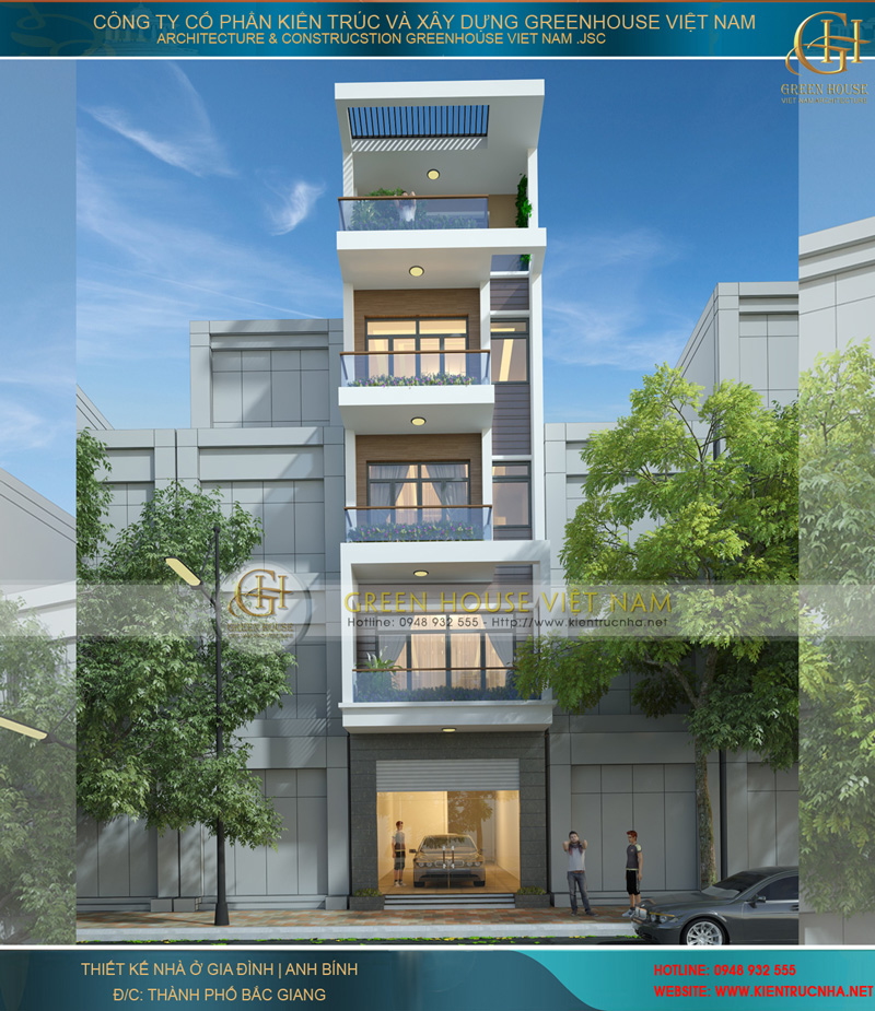 Thiết kế mặt tiền của công trình nhà ống hiện đại 5 tầng tại Bắc Giang