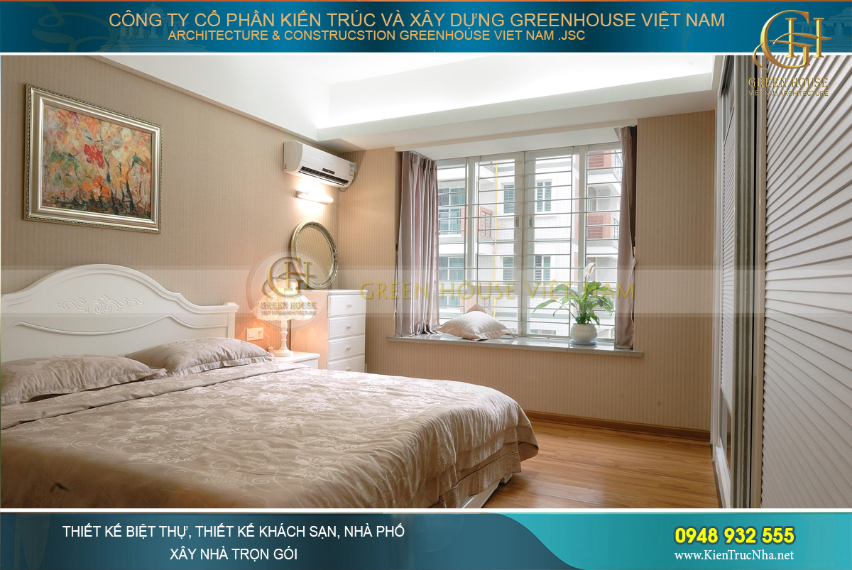 Thiết kế phòng ngủ hiện đại, sàn nhà và tường được ốp giả gỗ nhưng vẫn tạo nên nét đẹp sang trọng cho không gian