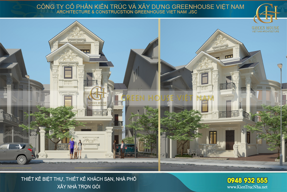 Phối cảnh mặt tiền của biệt thự tân cổ điển kiến trúc Pháp tại Nam Định