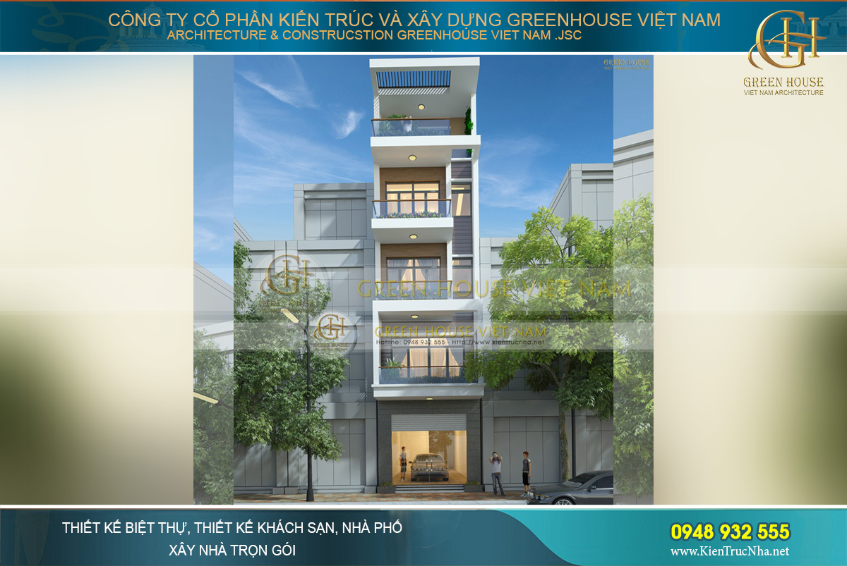Thiết kế mặt tiền của công trình nhà ống hiện đại 5 tầng tại Bắc Giang