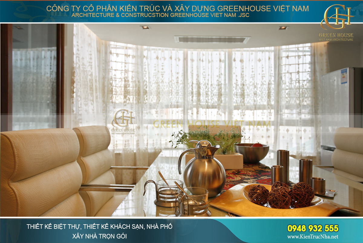 Hệ thống bàn ăn được thiết kế với tone màu tươi sáng, hiện đại