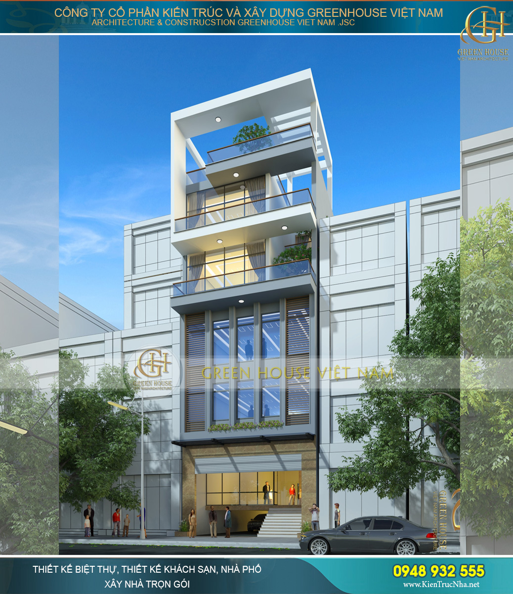 Mặt tiền ngôi nhà phố 5 tầng kết hợp văn phòng công ty thể hiện sắc nét vẻ đẹp hiện đại và mới mẻ mà Kiến trúc sư muốn gửi gắm tới