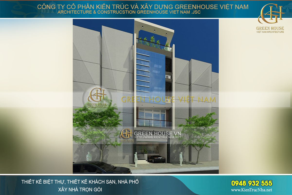 Tổng thể kiến trúc hiện đại và sang trọng của ngôi nhà ống 5 tầng kết hợp cho thuê văn phòng