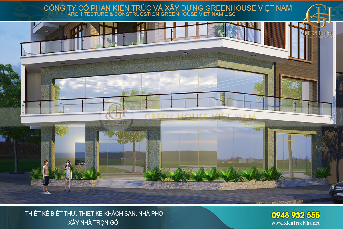 Kiến trúc tầng 1 và tầng 2 với chất liệu kính gần như bao phủ toàn bộ