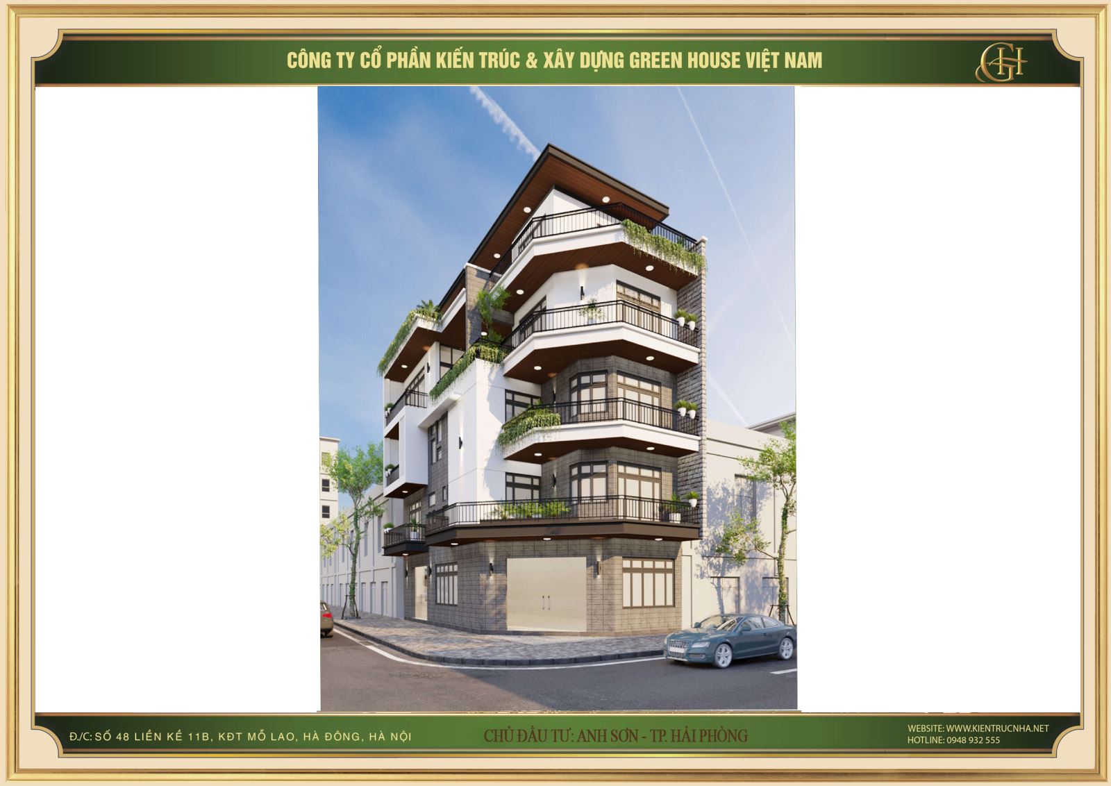 Từ tầng 2 được xây dựng sâu vào phía bên trong để chừa lại một khoảng không rộng, làm thành ban công trồng cây xanh kéo dài ôm trọn cả hai mặt tiền