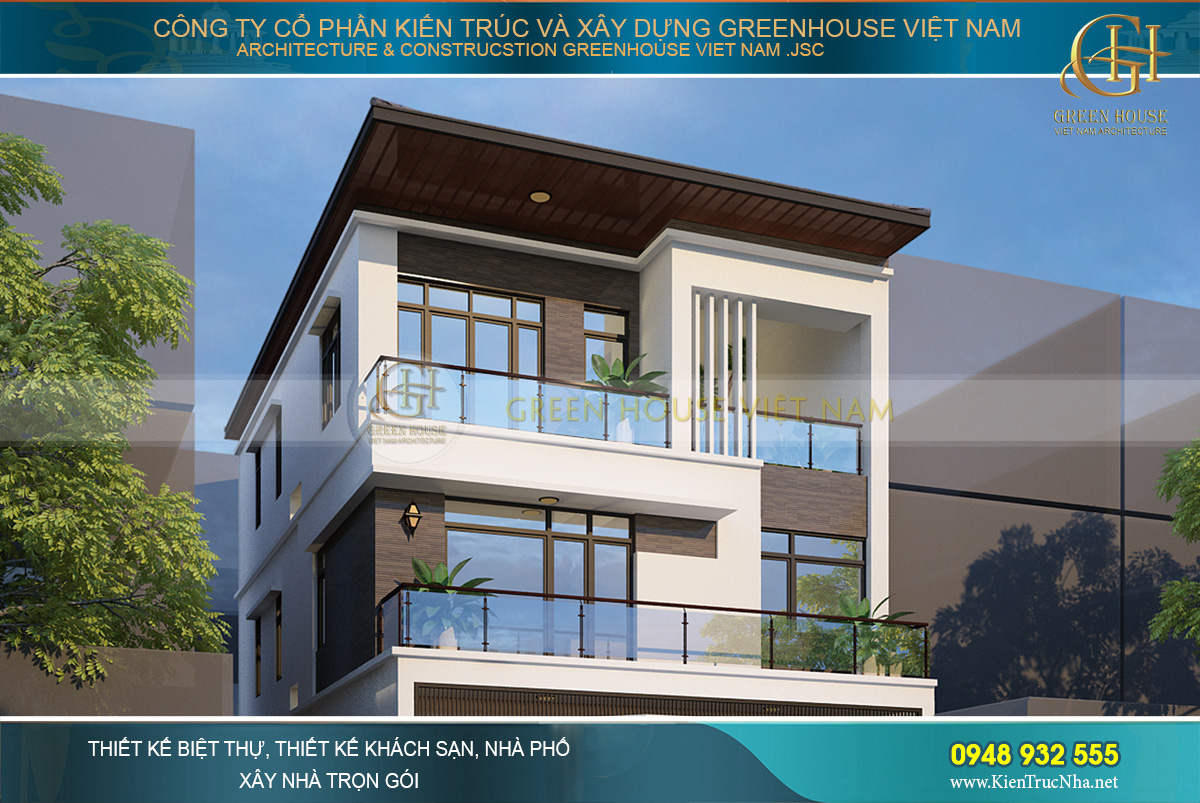 Các tầng của nhà phố đều có ban công rộng rãi cùng hệ thống cửa kính hiện đại