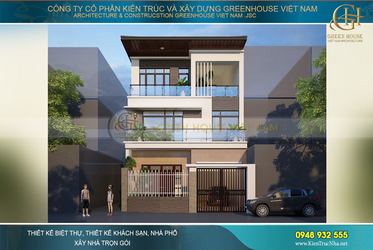 Phối cảnh mặt tiền của nhà phố hiện đại giả biệt thự 3 tầng tại Ninh Bình