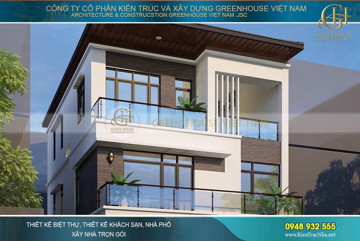 Các tầng của nhà phố đều có ban công rộng rãi cùng hệ thống cửa kính hiện đại