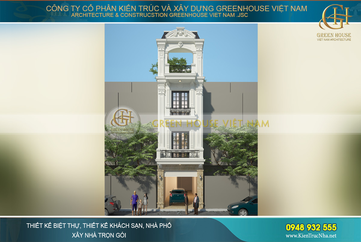 Phối cảnh mặt tiền của công trình nhà phố tân cổ điển 3 tầng tại Hà Nội