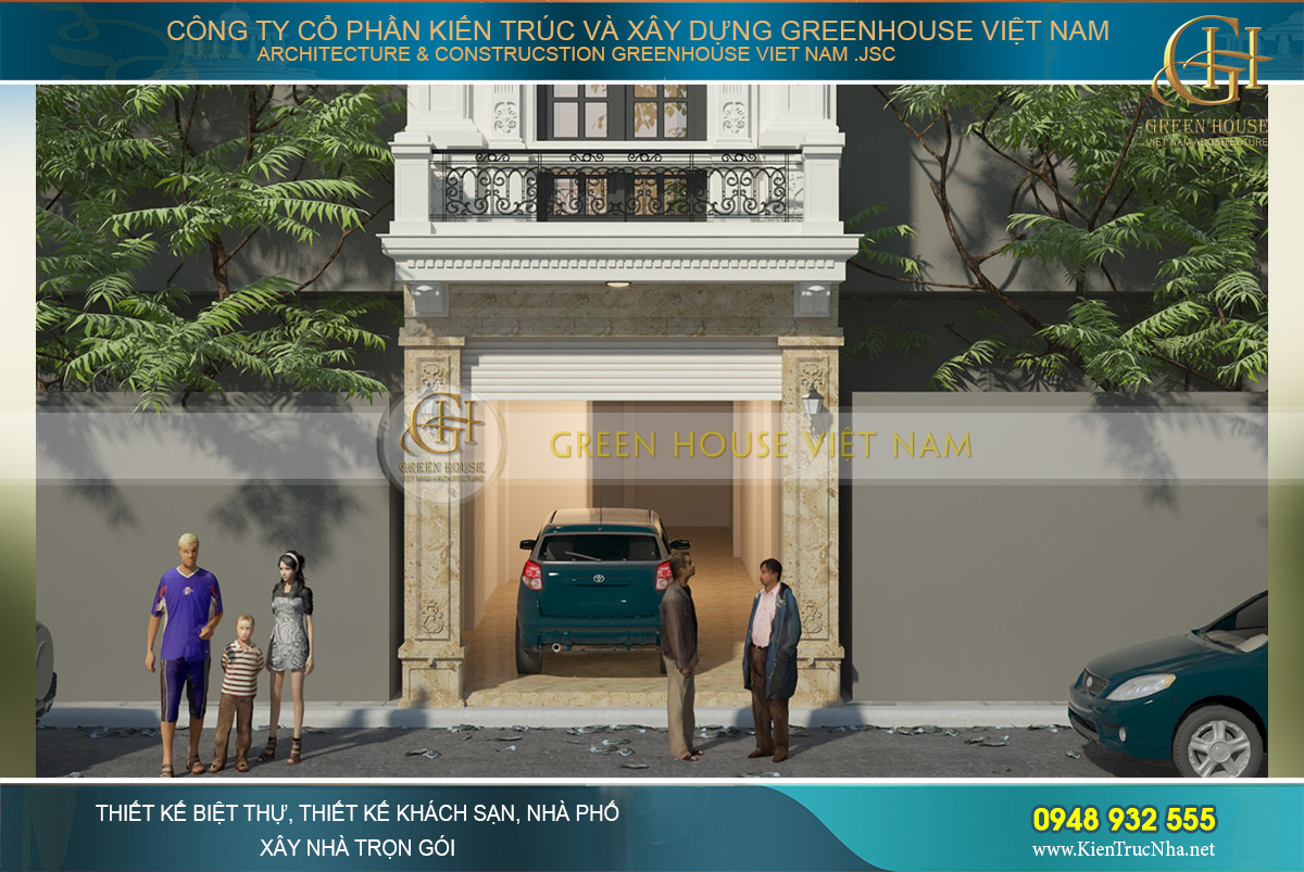 Tầng 1 của nhà phố 3 tầng được ốp gạch màu vàng kim mang đến sự sang trọng và nổi bật