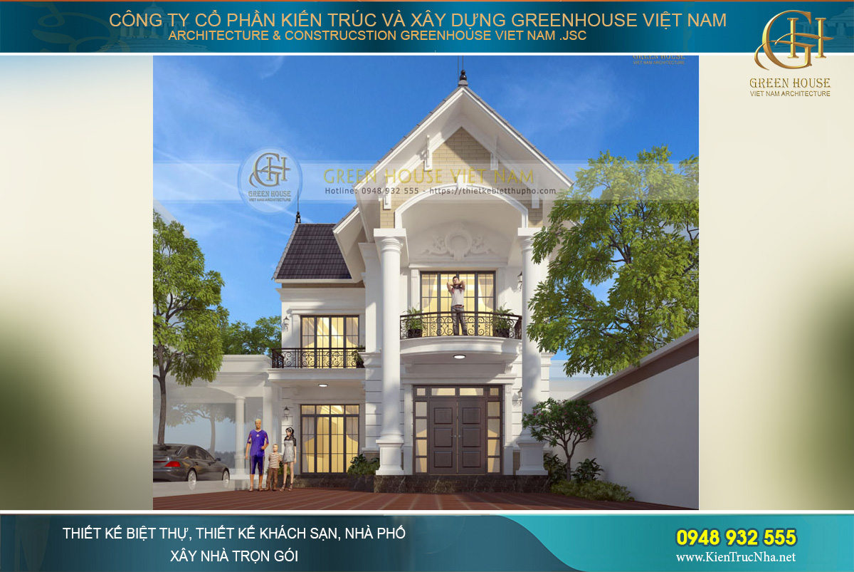 Phối cảnh mặt tiền của thiết kế nhà phố 2 tầng tân cổ điển