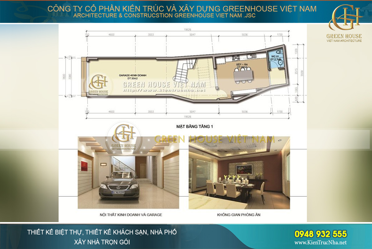 Mặt bằng tầng 1 bao gồm gara xe, khu vực kinh doanh và không gian nhà bếp, phòng ăn