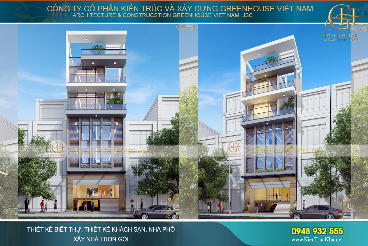 Phối cảnh ngoại thất nhà phố 5 tầng kết hợp cho thuê văn phòng
