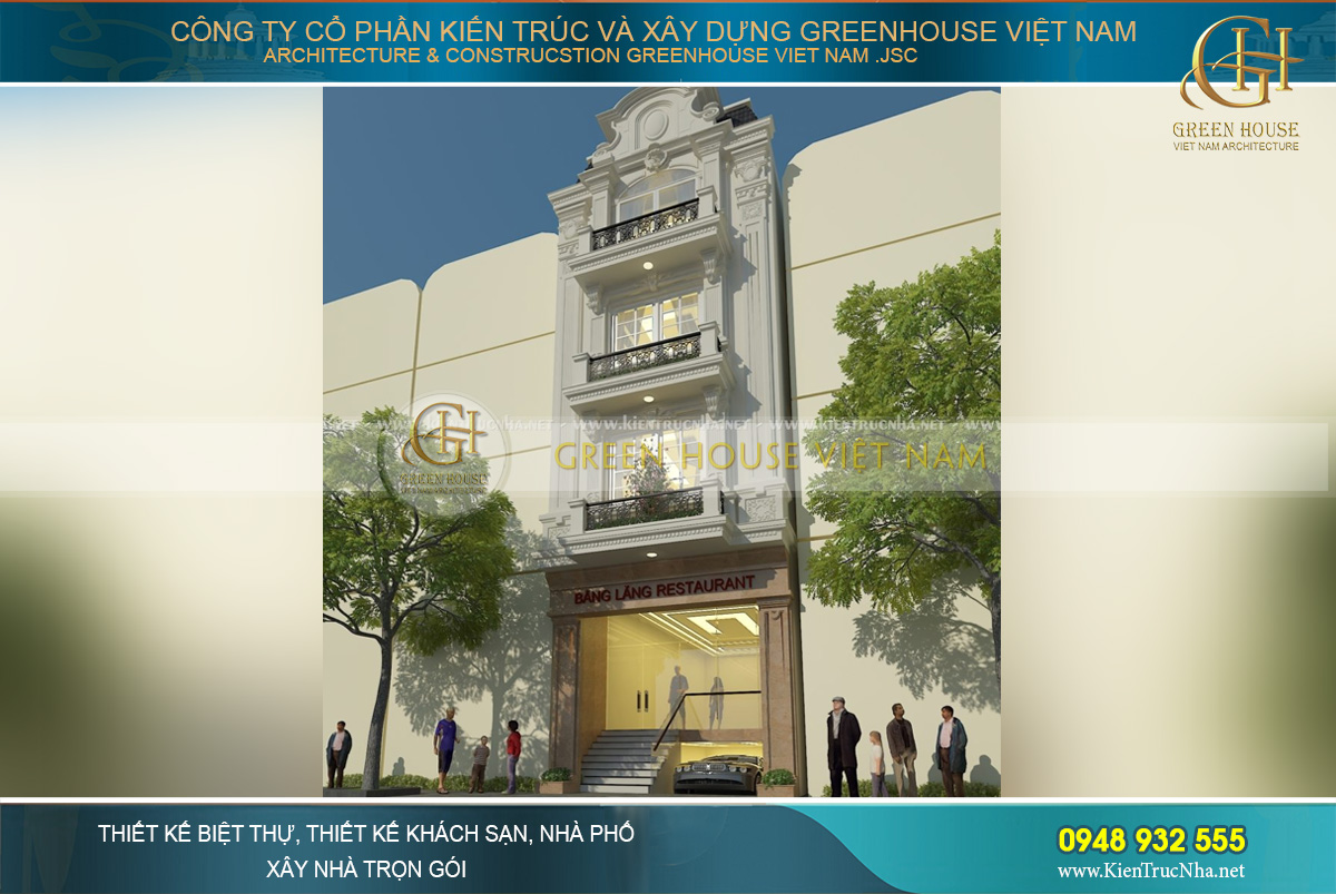 Góc nhìn nghiêng trong bản vẽ phác thảo 3D của công trình nhà phố kết hợp kinh doanh đã khéo léo phô diễn được nét đẹp sang trọng của công trình