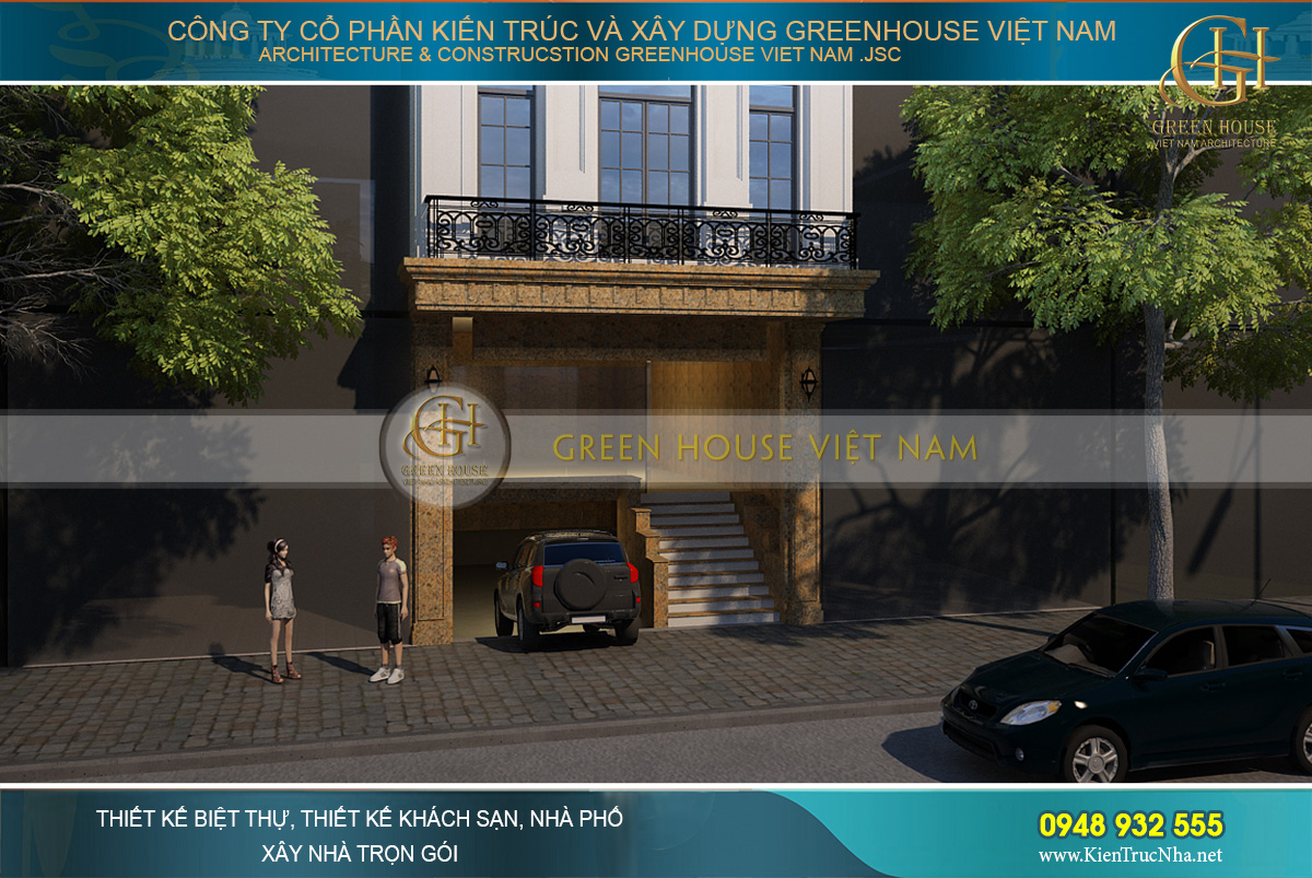 Tầng trệt của nhà phố tân cổ điển được thiết kế với gam màu ánh kim sang trọng, nổi bật