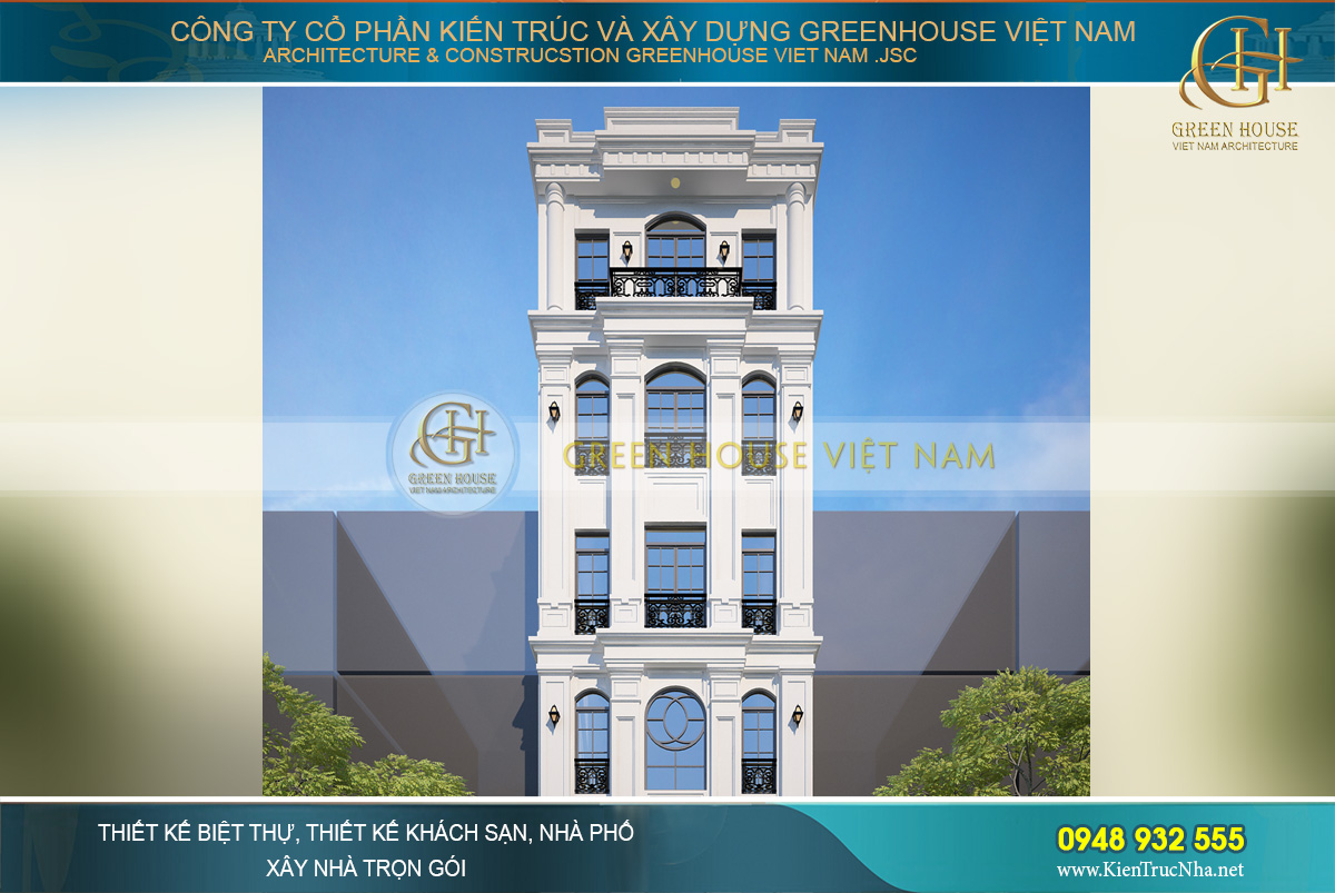 Thiết kế nhà phố tân cổ điển với nước sơn trắng trang nhã và các vòm cửa cao sang trọng