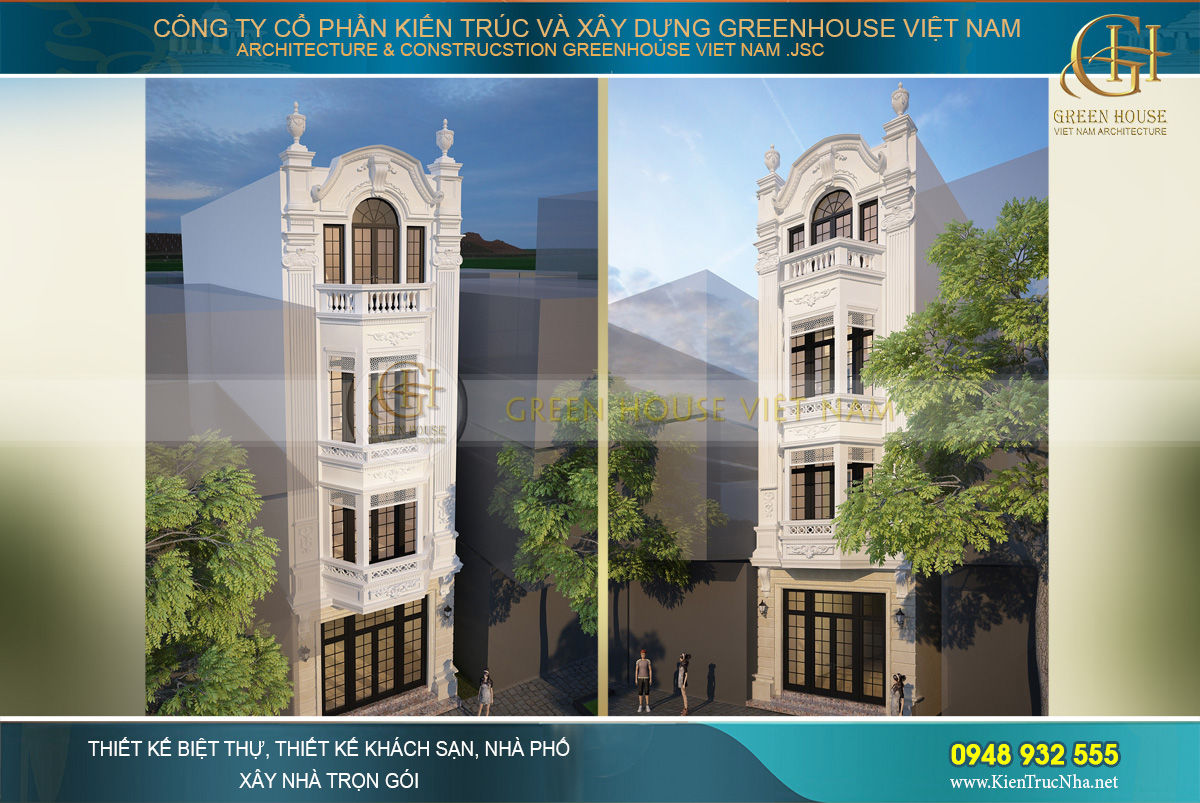 Thiết kế nhà phố tân cổ điển 4 tầng với sắc trắng kinh điển