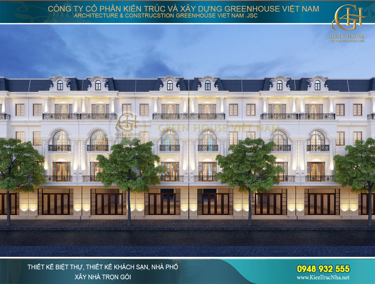 Mặt tiền khu nhà phố thương mại khi trời tối với vẻ đẹp lộng lẫy đầy thu hút