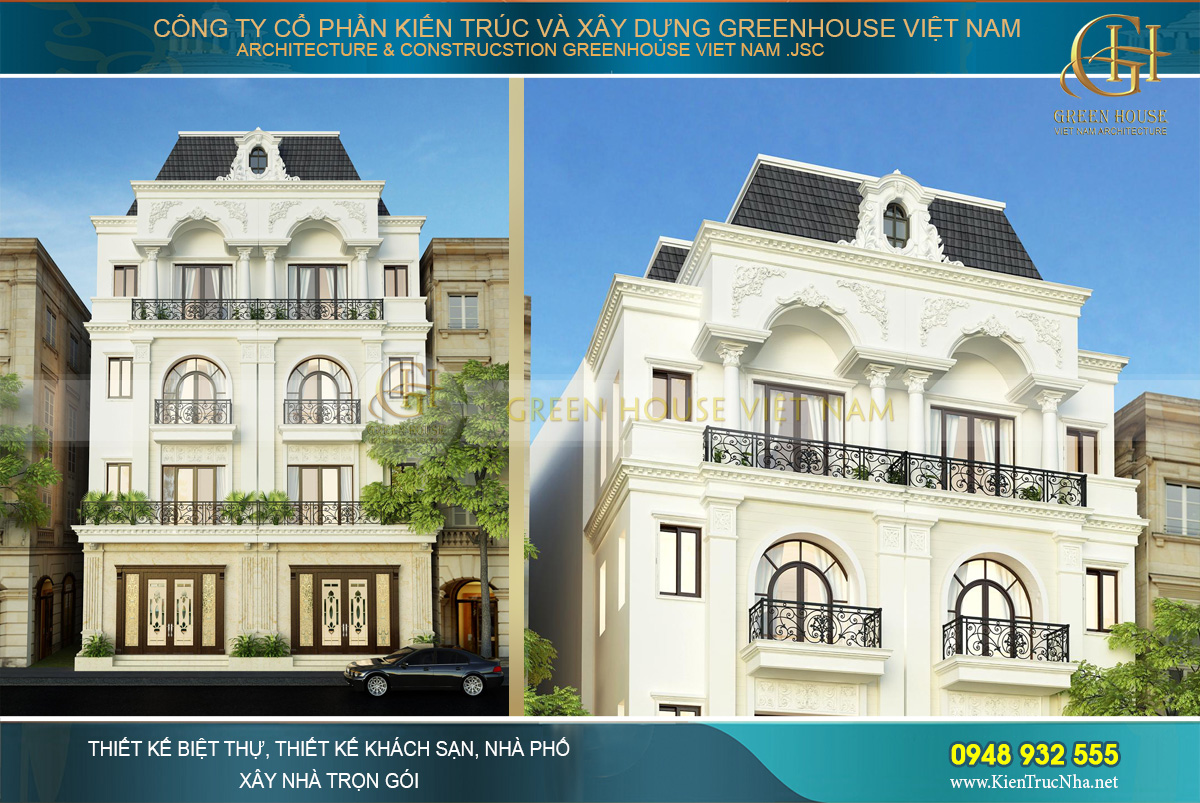 Phối cảnh mặt tiền của nhà phố song lập 4 tầng tân cổ điển tại Hải Phòng