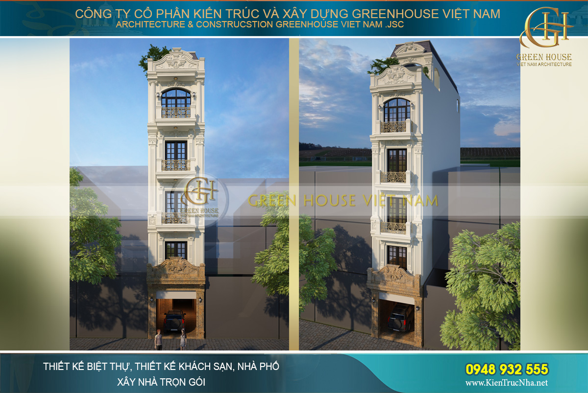 Phối cảnh mặt tiền của nhà ống 5 tầng phong cách tân cổ điển tại Tây Hồ Hà Nội