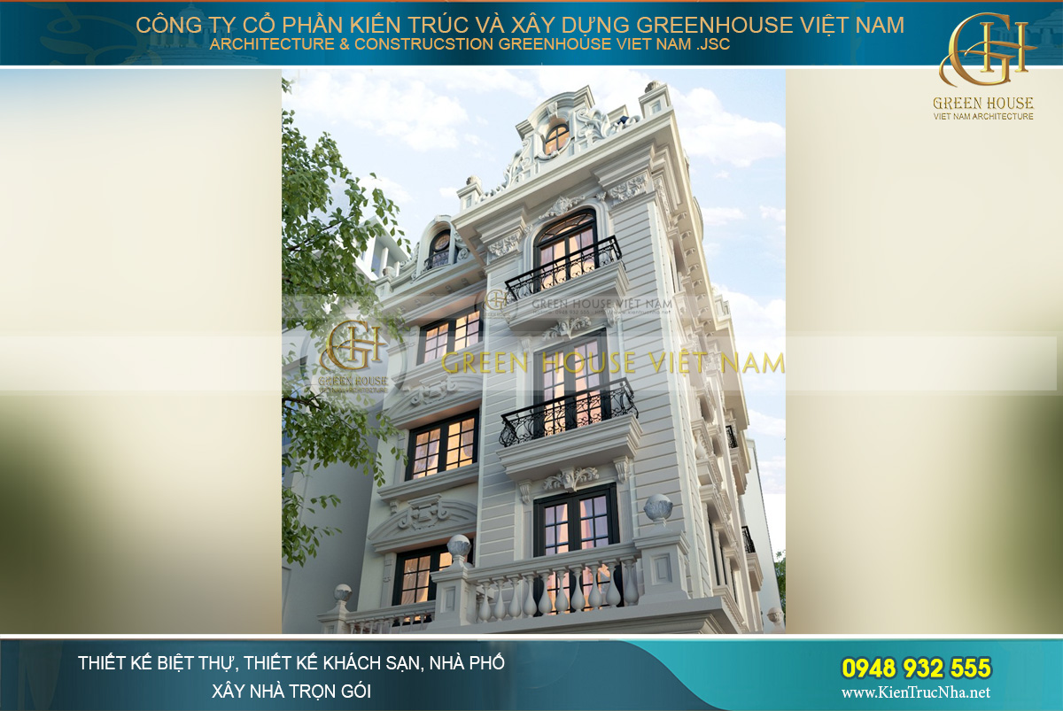 Hệ thống lan can sắt đen nổi bật trên nền tường trắng đơn giản nhưng là điểm nhấn hoàn hảo cho công trình