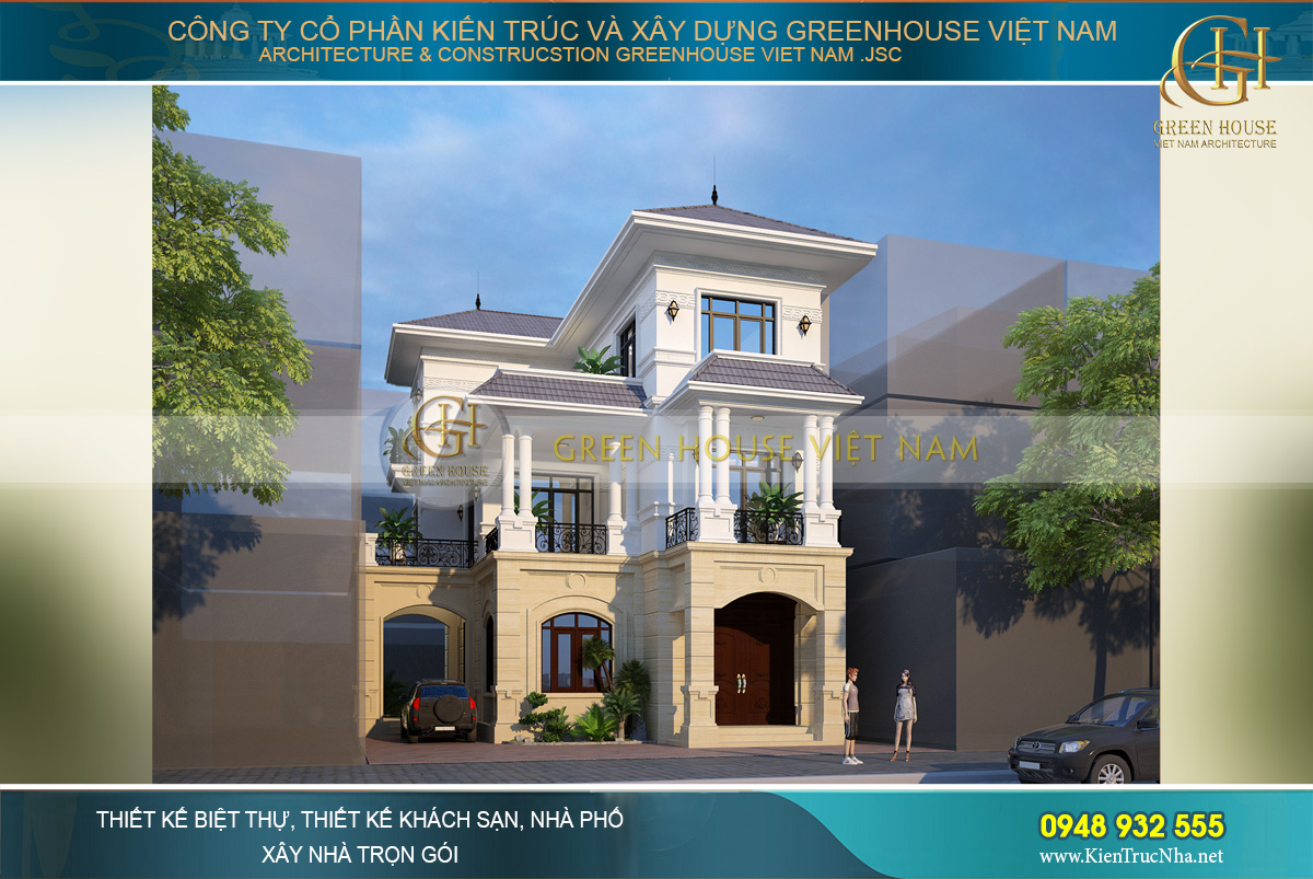 Phối cảnh mặt tiền của biệt thự phố tân cổ điển 3 tầng tại Ninh Bình
