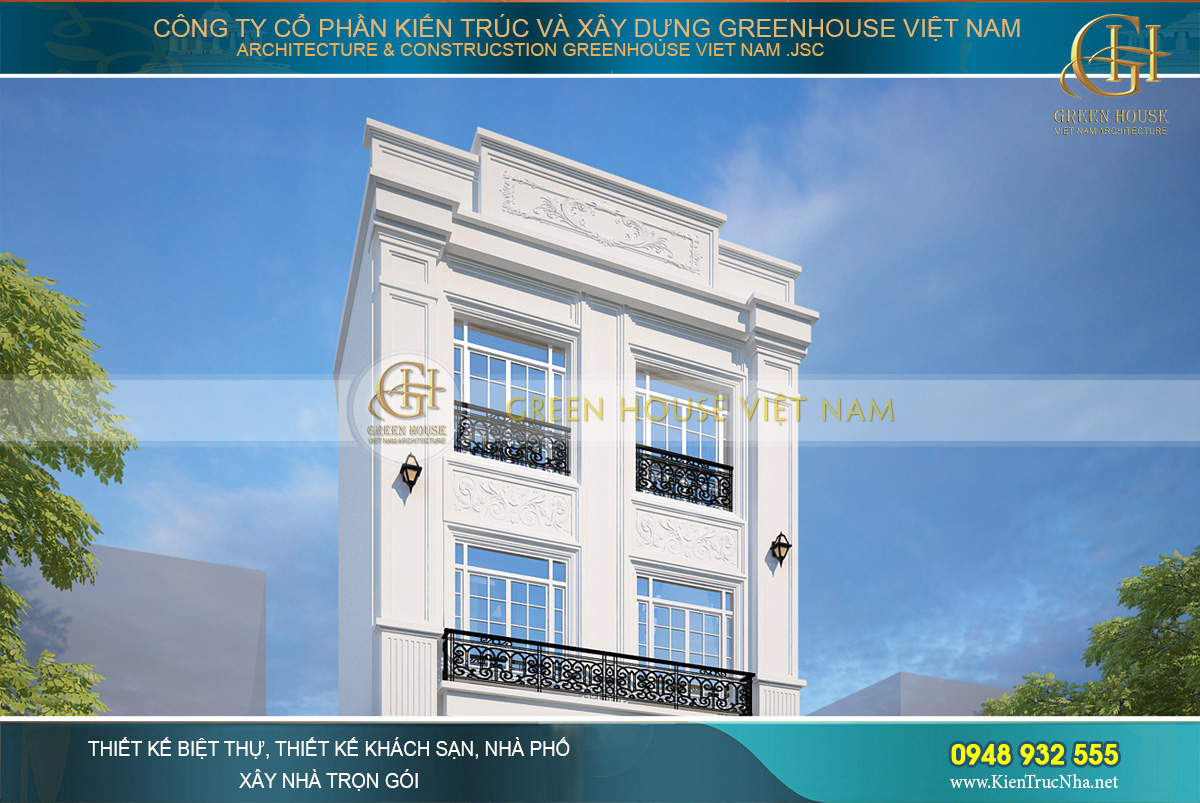 Các tầng còn lại được lựa chọn gam màu sơn trắng với lan can đen đầy nghệ thuật