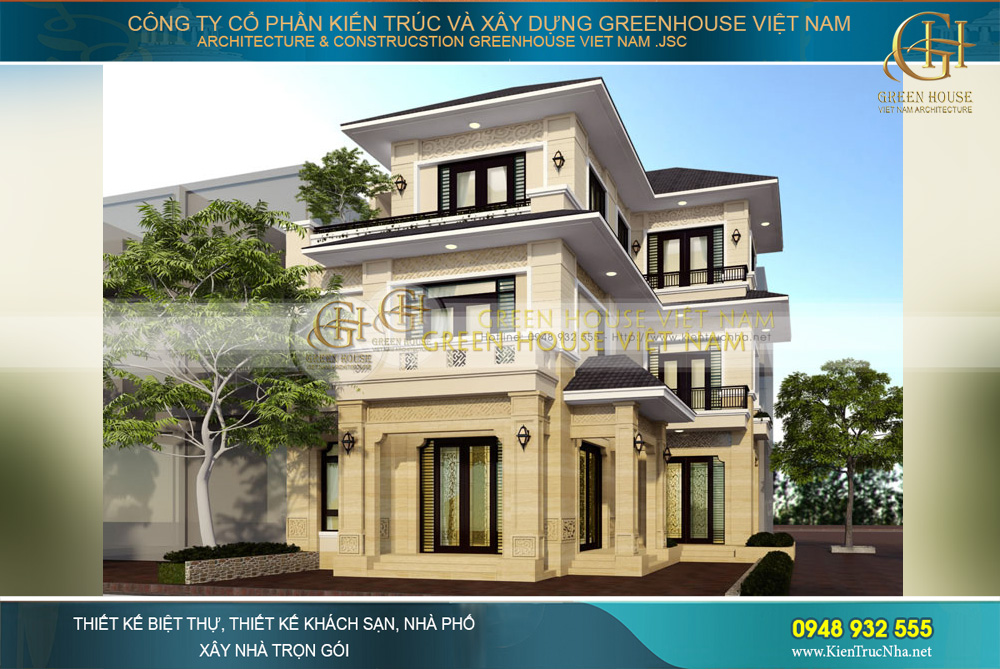 Phối cảnh mặt tiền của biệt thự hiện đại 3 tầng lầu của gia đình chị Huệ tại Hà Nội