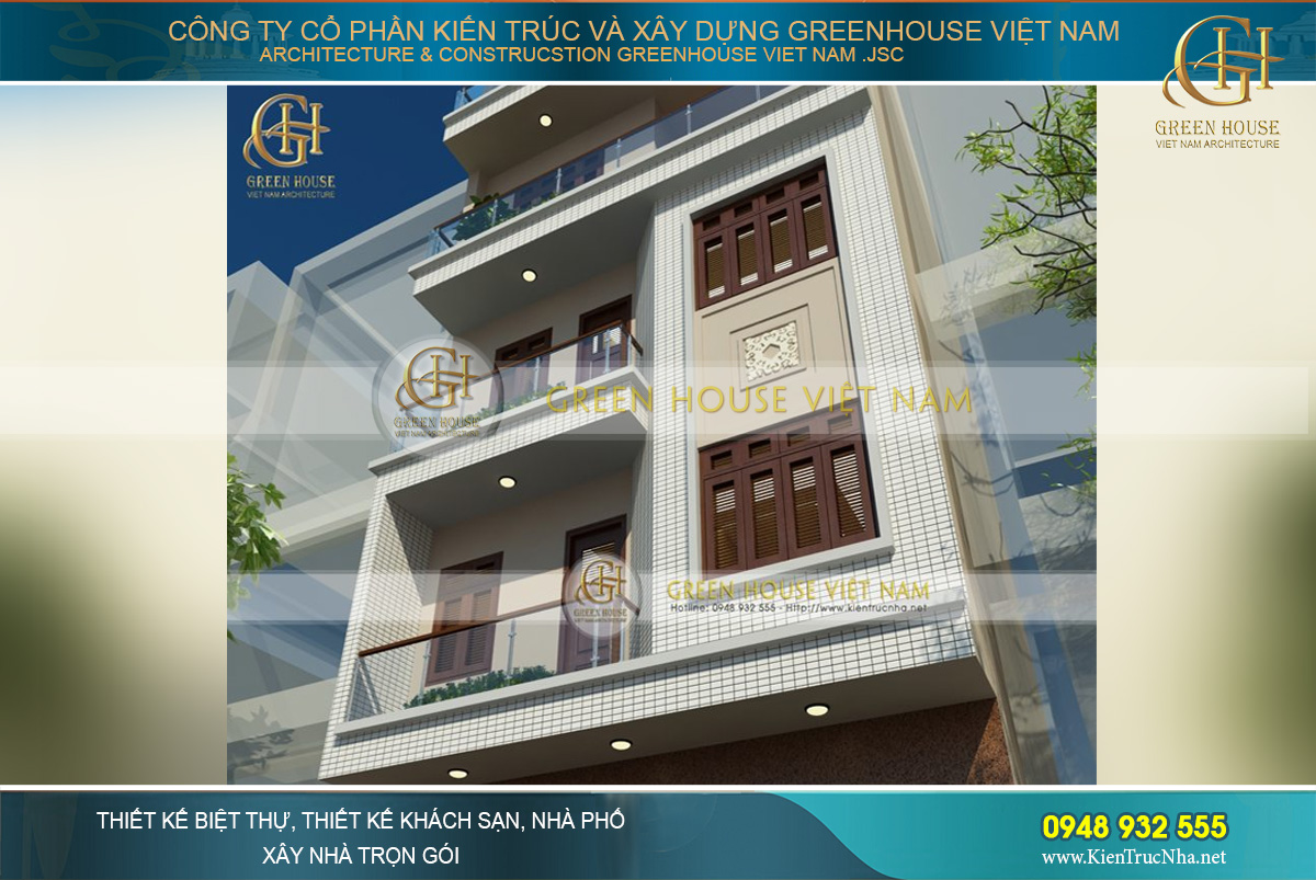 Cận cảnh mặt tiền của ngôi nhà phố với mặt tường được ốp gạch viên kẻ cùng kiến trúc vuông vắn thể hiện hoàn hảo phong cách kiến trúc nhà ở hiện đại