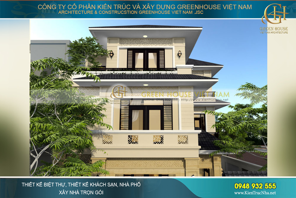 Tầng 2 và tầng 3 được thiết kế theo lối lệch tầng với các ban công lớn, thông thoáng