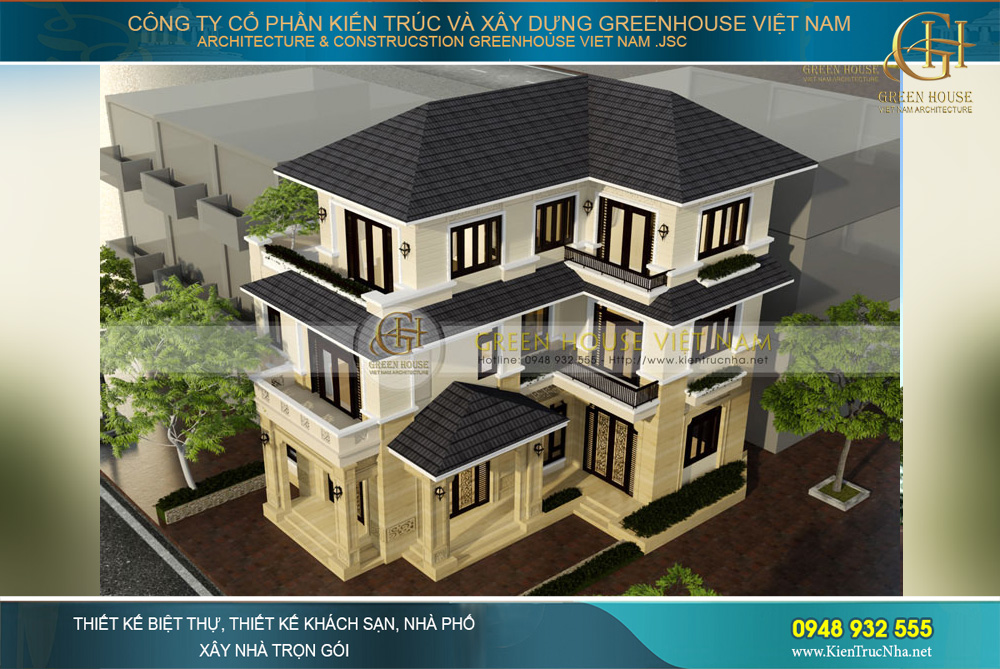 Hệ mái thái với màu ngói đen vừa nổi bật vừa giúp thoát nước tốt, mang lại sự thanh thoát cho biệt thự