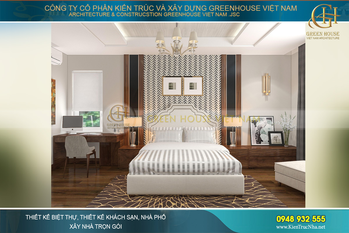 Phòng ngủ số 2 của biệt thự sử dụng những họa tiết hiện đại, trẻ trung