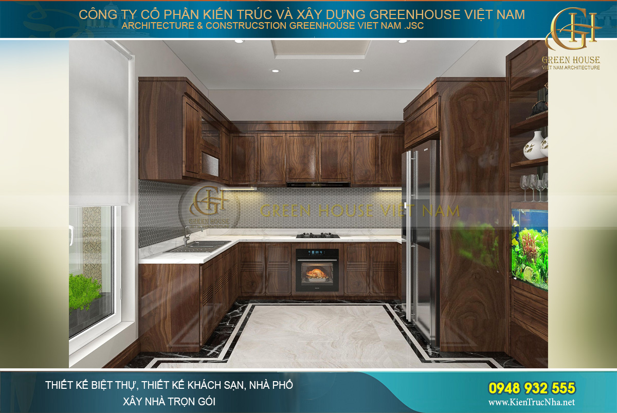 Tủ bếp kết hợp giữa chất liệu gỗ sơn vecni và đá granite