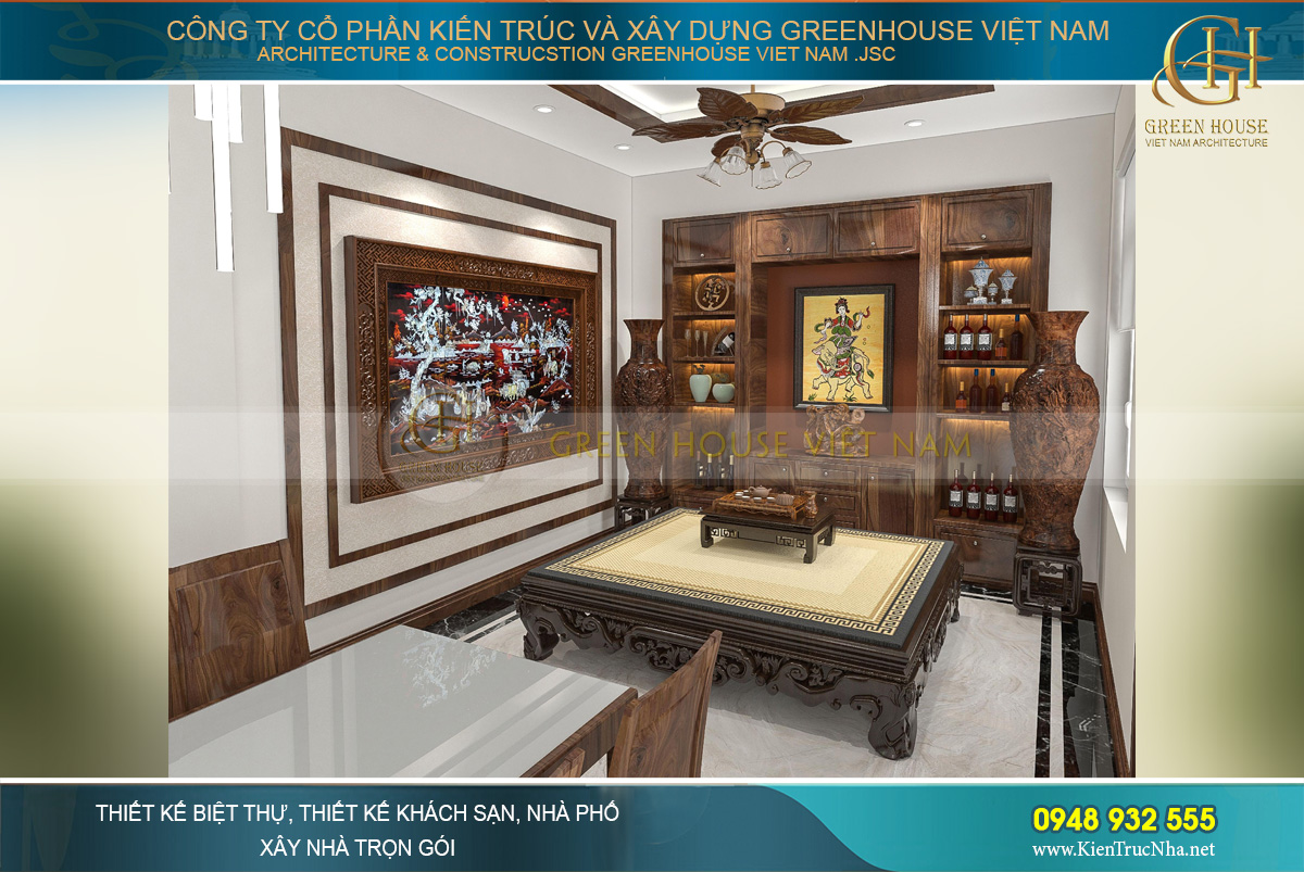 Khu vực tủ rượu được thiết kế âm tường tạo nên sự thu hút 