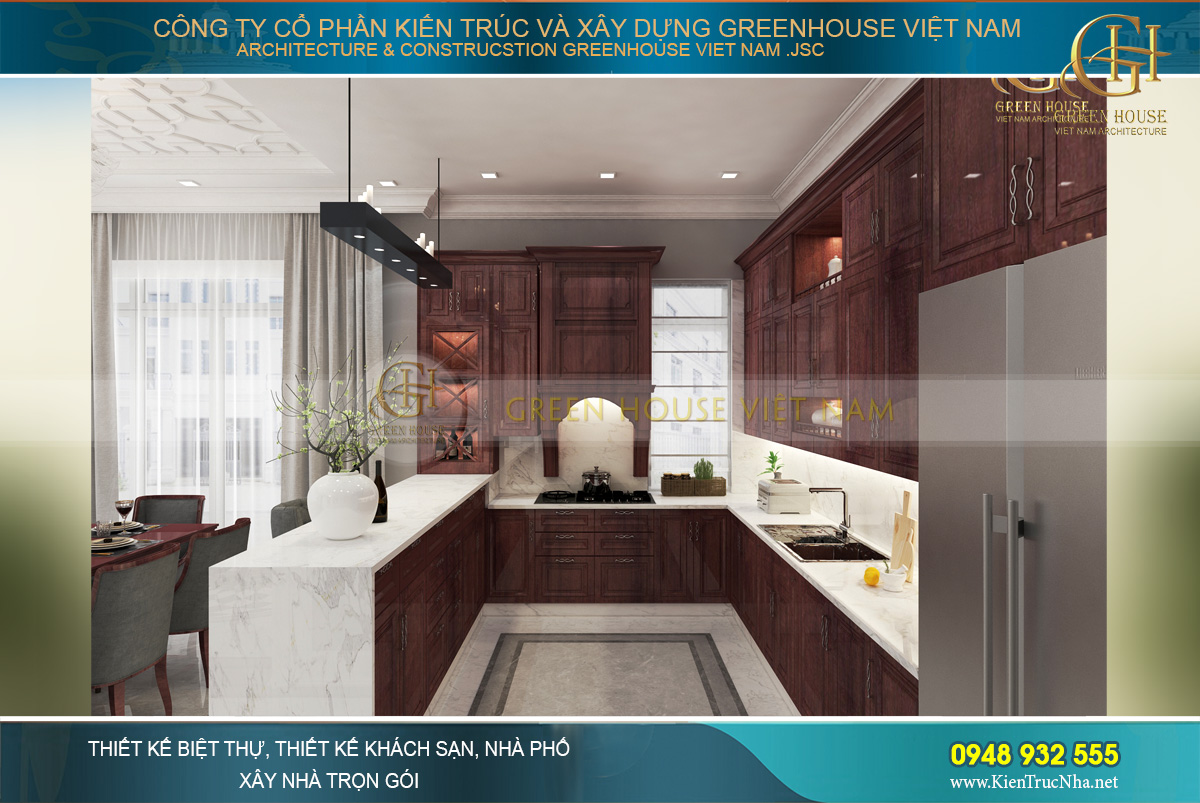 Hệ thống tủ bếp với thiết kế hình chữ U khép kín, gọn gàng và đầy tính thẩm mỹ