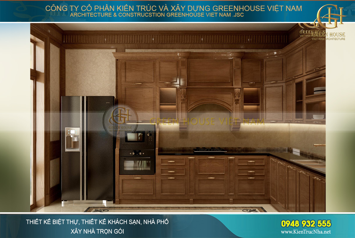 Thiết kế phòng bếp với chất liệu gỗ nâu ấm áp