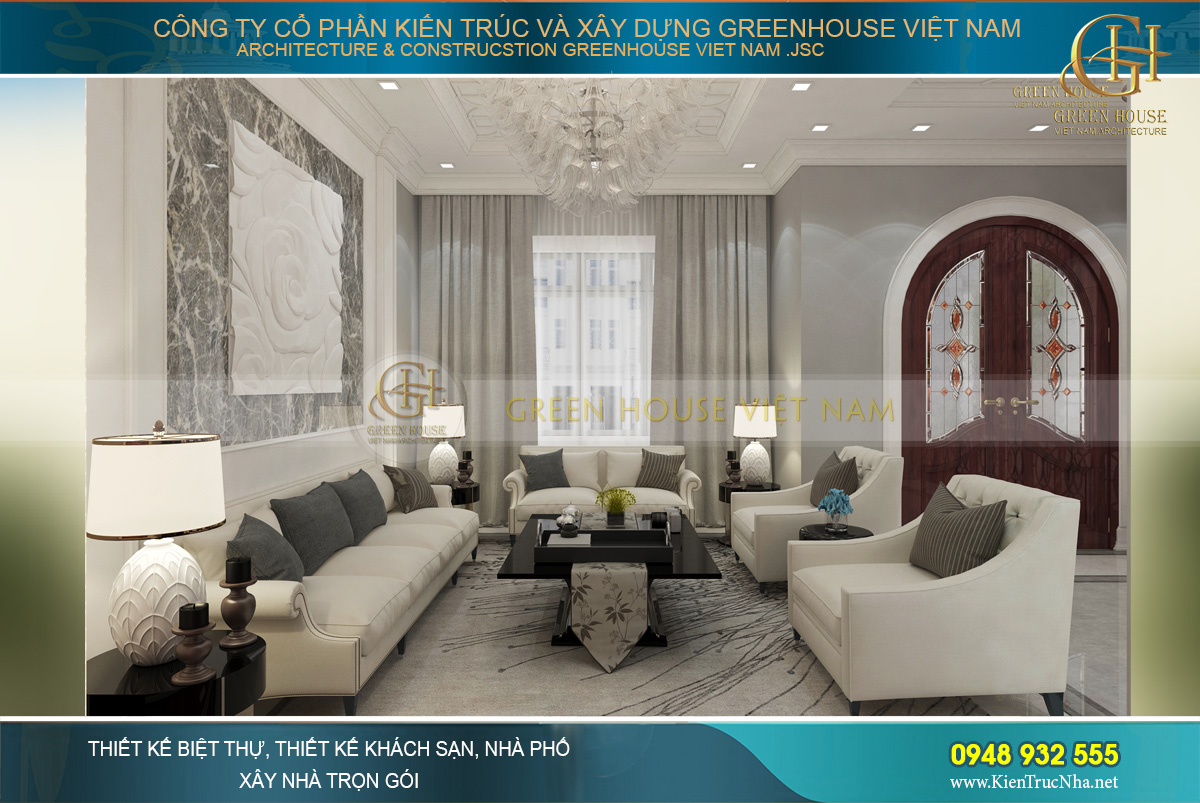 Thiết kế không gian phòng khách của biệt thự tân cổ điển với bộ sofa cao cấp