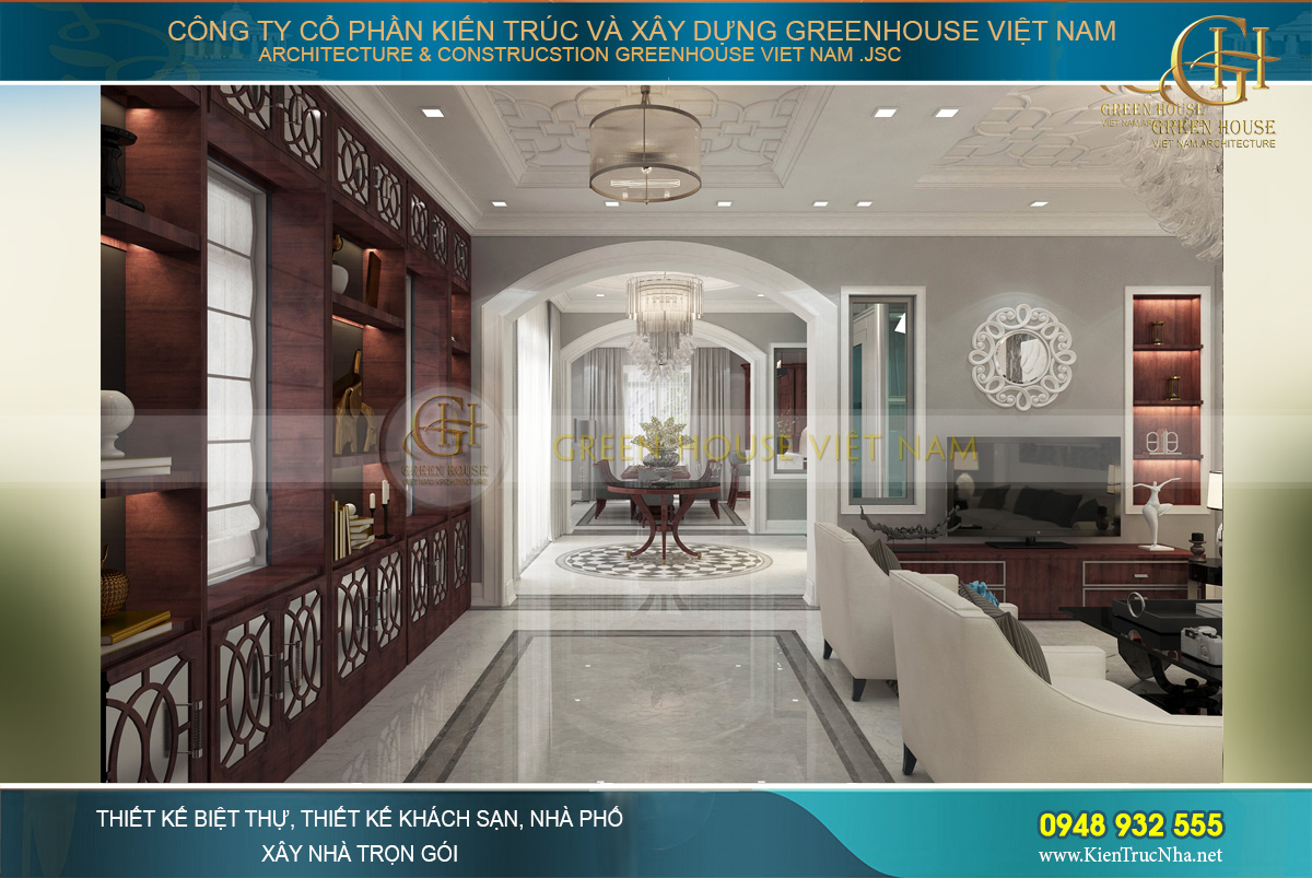 Thiết kế nội thất phòng khách với tone màu gỗ đỏ chủ đạo với sự ấm áp, lịch lãm và đẳng cấp