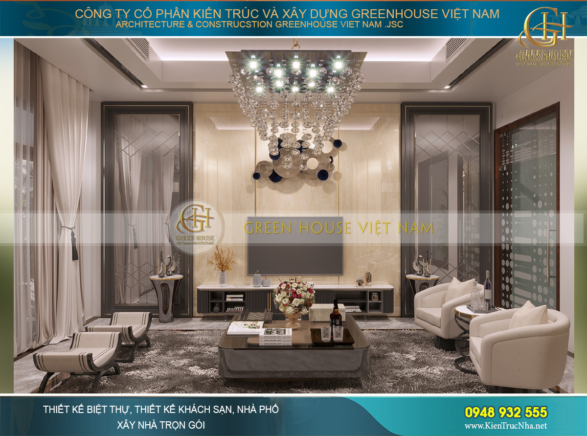 Đèn chùm là yếu tố quen thuộc được trang trí cho phòng khách 