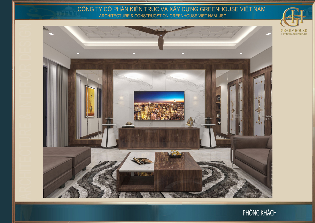 Nội thất phòng khách là sự kết hợp giữa vật liệu truyền thống là gỗ với kiểu dáng thiết kế hiện đại