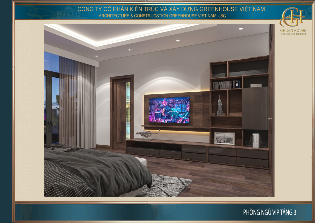 Đối diện giường ngủ là kệ sách và TV treo tường