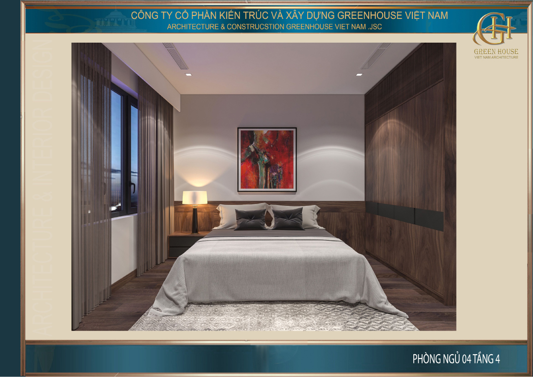 Phòng ngủ trên tầng 4 có kết cấu và thiết kế khá giống phòng ngủ ở tầng dưới