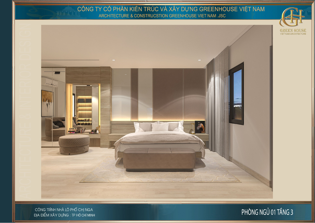 Chiếc giường ngủ lớn được đặt trên tấm thảm mang cùng tone màu mang đến sự đồng bộ cho căn phòng