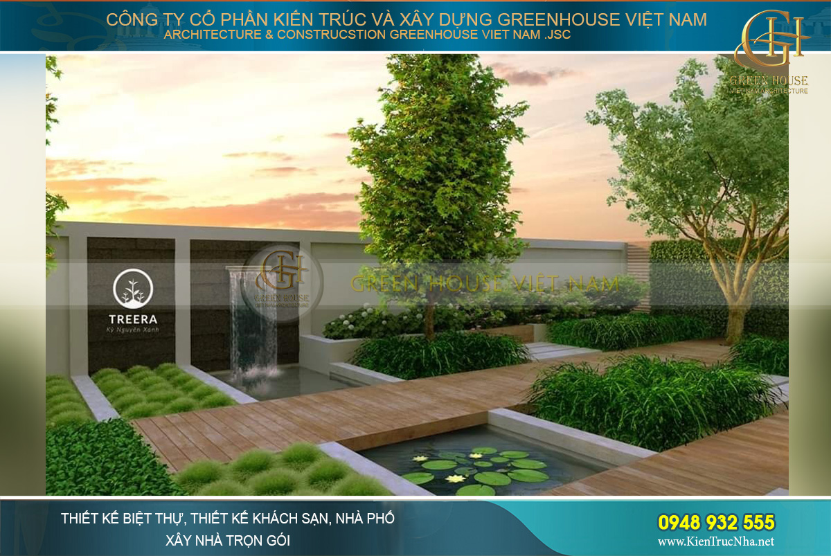 Không gian tiểu cảnh xanh với thác nước được thiết kế độc đáo