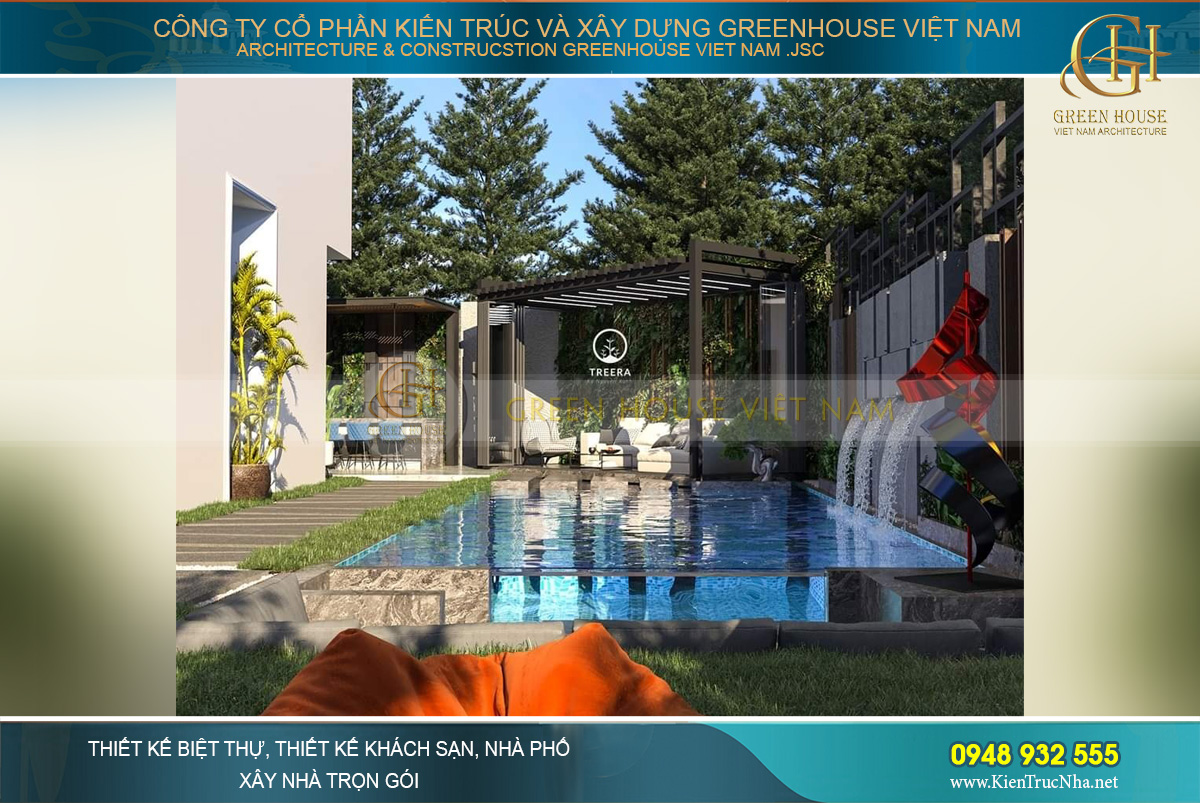 Thiết kế thác nước đổ xuống dưới hồ bơi mang đến nét đẹp mới 